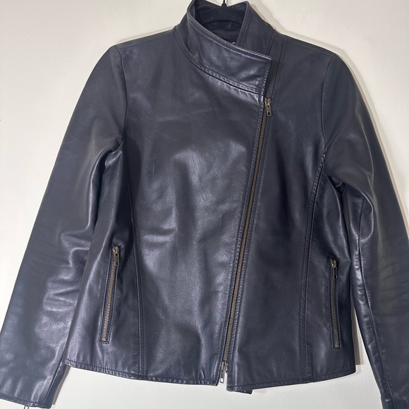 Eileen Fisher Leather black moto biker jacket Asymmetrical zip size small - Picture 5 of 16